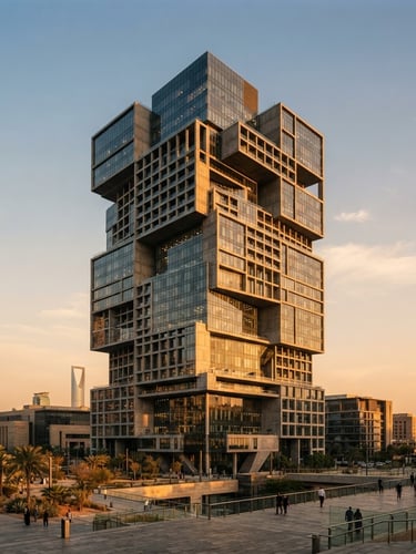 Wide architectural shot of a modern geometric skyscraper in Riyadh during golden hour, sharp shadows, rich concrete and glass textures, medium format photography