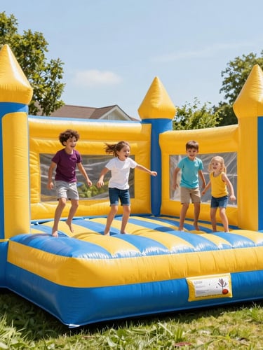 Bright high-key outdoor photography of a giant blue and yellow inflatable castle fully inflated in a sunny green backyard, happy children jumping safely, warm daylight.