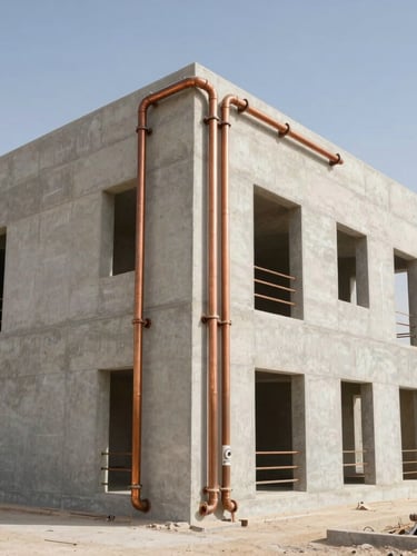 Wide-angle architectural photograph of a modern residential construction site in Riyadh, clean concrete walls, perfectly aligned copper plumbing pipes running vertically, bright natural desert daylight, professional engineering standard.
