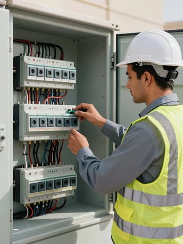 A professional engineer in a safety vest inspecting a modern, clean electrical panel in Riyadh, bright daylight, sharp focus on wiring and safety switches