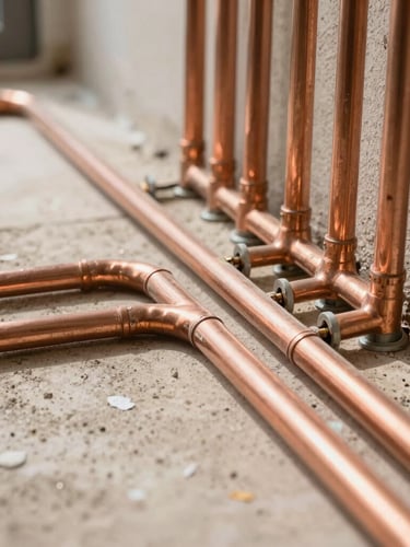 A close-up of organized, professional copper piping layout inside a Riyadh villa under renovation, bright natural daylight, showing precise alignment and compliance with building standards.