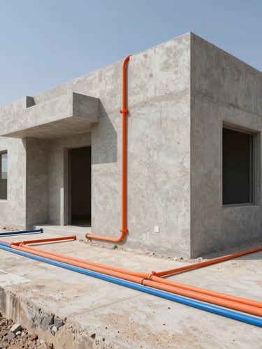 Wide shot of a modern villa construction site in Riyadh, clean organized grey concrete walls with precisely installed orange electrical conduits and blue water pipes, bright daylight.