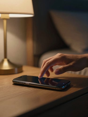 Close-up of a person's hand gently turning off a smartphone on a nightstand, blurred background of a dark bedroom, warm bedside lamp light, deep shadows with golden highlights, shallow depth of field, 35mm.