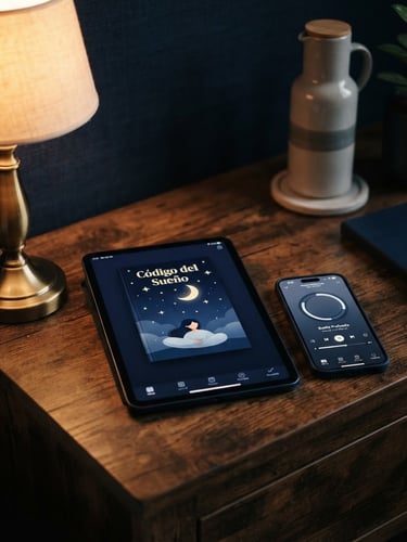 Premium digital mockup of 'Código del Sueño' kit (ebook, audio player, journal, planner, checklist) on a tablet and phone, resting on a dark wooden nightstand, illuminated by warm bedside lamp light, with deep navy and gold tones, shallow depth of field, 35mm.