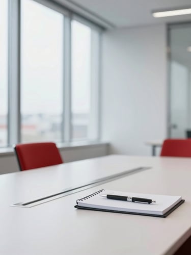 Modern Swiss office interior, clean meeting room with a large table, bright overcast daylight, a single pen and notebook on the table, sharp focus, 35mm.