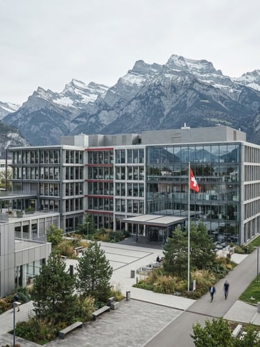 Modern Swiss office architecture, clean lines, bright overcast daylight, sharp focus, with a view of the Alps in the background, desaturated cool tones with red accents.