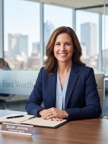 Professional insurance agent smiling confidently in a modern, bright office setting, Fort Worth skyline subtly blurred in the background, crisp daylight, sharp focus.