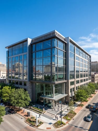 Wide shot of the modern Progressive Insurance office exterior on Throckmorton Street in Fort Worth, clean blue sky, bright daylight, professional corporate building, crisp corporate photography, sharp focus