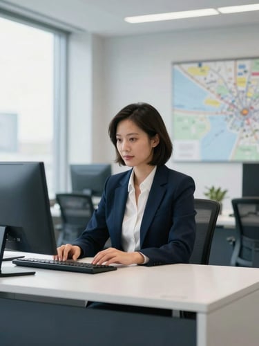Modern office interior with a professional agent at a desk, a subtle map of Fort Worth visible, bright daylight, clean corporate aesthetic, crisp focus.