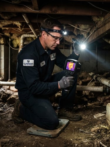 Professional pest control technician in a clean, branded uniform using thermal imaging equipment to inspect a dark crawlspace, flashlight beam cutting through the gloom, medium-wide shot, crisp 35mm lens.