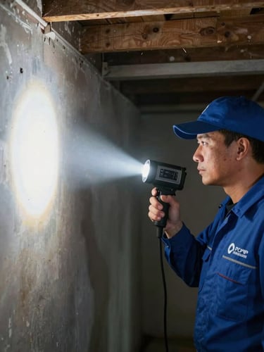 Professional pest control technician in branded uniform using a thermal imaging camera to scan a wall in a dimly lit crawlspace, bright beam from a flashlight cutting through the darkness, sharp documentary photography, medium shot.