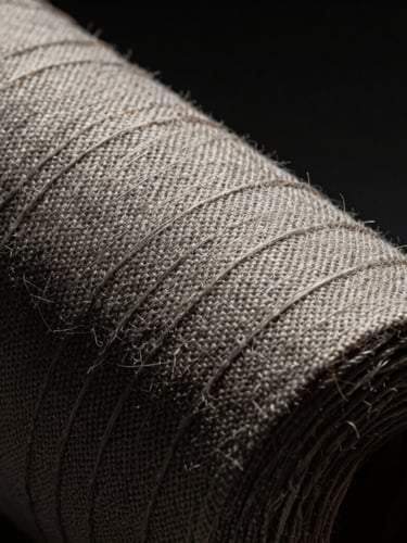 Extreme close-up of heavy-weave raw linen fabric texture, dramatic side-lighting with deep shadows, dark moody background, high-contrast tactile fibers