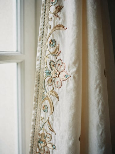 A close-up of intricate hand-embroidery zardozi details on heavy champagne silk fabric, soft natural window light, 35mm film