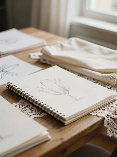Quiet atelier moment, sketchbooks, fabrics, and champagne lace draped over a wooden table, soft window light