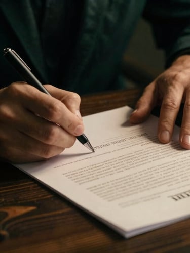 Close-up of hands signing legal land documents on a dark rustic wooden desk, moody low-key lighting, warm side-light