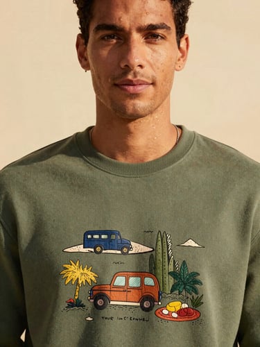 Medium close-up of a model wearing a green illustrated sweatshirt, warm golden-hour daylight, looking friendly, sharp focus, 35mm
