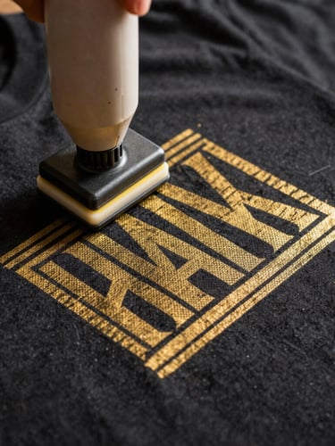 Close-up of golden screen-printing ink being pressed onto a black cotton t-shirt, detailed texture of the mesh and fabric, warm natural daylight, sharp focus, 35mm