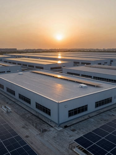 Wide-angle architectural photography of a massive commercial rooftop solar array at twilight, warm amber horizon light casting long shadows, clean geometric lines of panels, professional engineering aesthetic