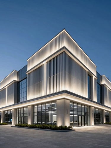 Wide-angle architectural photography of a modern commercial facility at twilight, illuminated with sharp linear LED lighting, high-contrast clean lines, 35mm