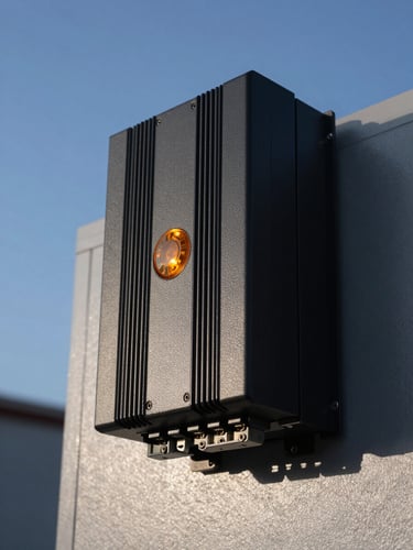 Macro technical product photography of a modern industrial solar inverter, sleek matte black casing, amber status indicator light, sharp focus on terminal connections, 35mm
