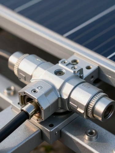 Macro technical shot of heavy-duty industrial solar panel connectors and structural cabling on a clean metallic mount, high-contrast daylight, sharp engineering focus.