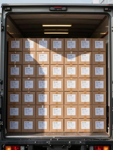 Wide environmental shot inside a moving truck interior, boxes uniformly packed and stacked to geometric precision, each carton labeled with handwritten inventory markers, overhead warehouse lighting casting sharp shadows, shot from inside the truck looking toward the open rear doors, no people visible — pure system and order