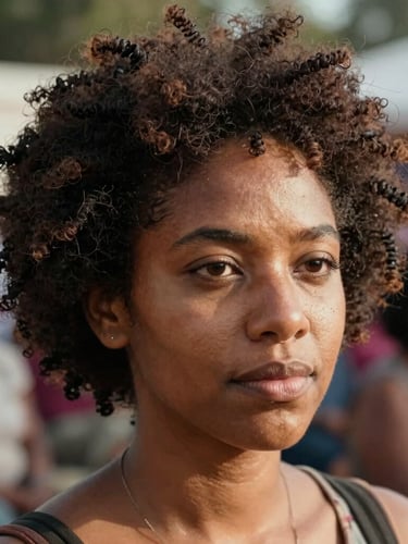 Intimate close-up portrait of an Afro-Latina woman with beautifully styled textured hair, warm natural sunlight highlighting her skin tone, soft focus background of a community gathering, vertical framing.