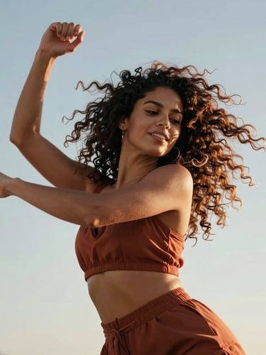Dynamic low-angle portrait of Yara Silveira dancing, her textured hair in motion, warm sunlight highlighting her expression of joy and strength, wearing terracotta garments