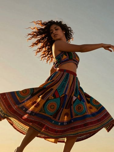 Low-angle dynamic shot of Yara Silveira dancing under warm golden hour sunlight, her textured hair in motion, vibrant traditional textiles swirling, rich shadows.