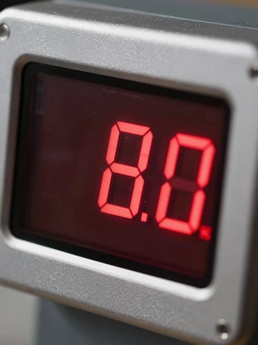 Close-up macro shot of a glowing red digital weight indicator screen showing zero kilograms, clean steel frame, sharp focus, high-contrast industrial LED display.