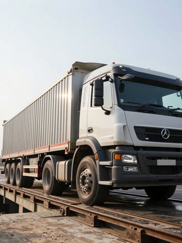 Low-angle wide shot of a massive 12-axle commercial cargo truck parked on a heavy steel weighbridge platform, bright midday sun reflecting off the metal, Saharsa highway bypass visible in the background.