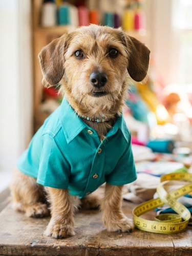 Medium eye-level shot of a unique breed dog, like a French Bulldog or Dachshund, wearing a custom-tailored vibrant teal shirt, bright natural daylight, sewing tape measure softly draped nearby.