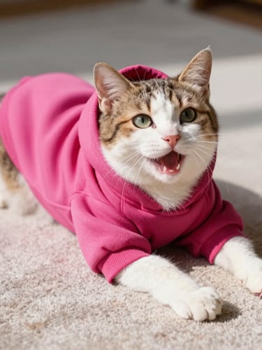 Bright warm daylight close-up of a happy cat wearing a custom soft magenta hoodie, stretching comfortably on a rug, showcasing freedom of movement.