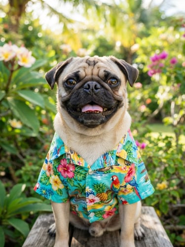 Bright natural daylight photo of a happy pug wearing a colorful tropical handmade shirt, looking directly at the camera, joyful pet photography