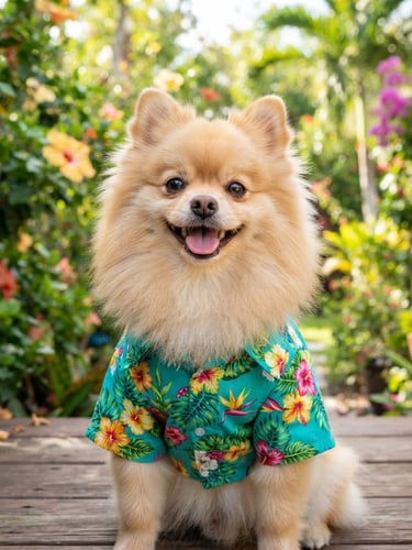 A joyful fluffy Pomeranian wearing a vibrant teal tropical shirt, looking directly at the camera, bright natural daylight, happy expression