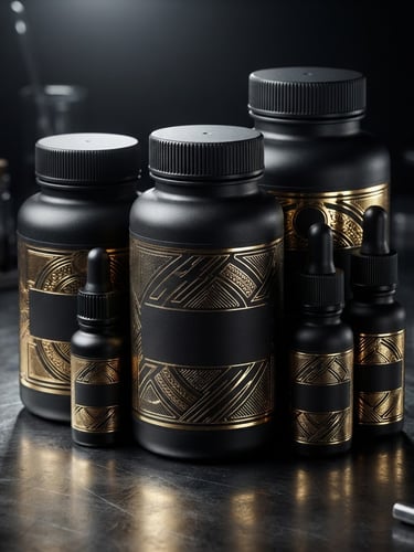 Sleek matte black supplement bottles with gold foil lettering arranged on a dark metallic laboratory table, sharp dramatic lighting, macro focus