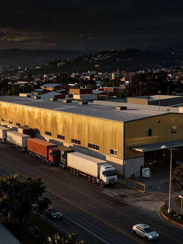 Vista aérea panorámica de un moderno centro de distribución industrial en Bogotá, Colombia, al atardecer, con camiones de carga y una carretera principal cercana. Iluminación dramática, alto contraste, reflejos dorados.