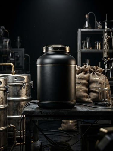 Gran envase de creatina monohidratada premium, rodeado por barriles industriales de acero inoxidable, sacos de materias primas y elementos de laboratorio modernos, todo con iluminación dramática y detalles dorados sobre fondo oscuro.