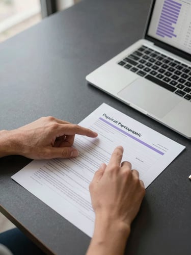 Overhead tight frame, analyst hands pointing at a printed audience psychographic report on a dark desk, a laptop open beside it showing a metrics dashboard with lavender data bars, controlled daylight from upper left, clean minimal surface