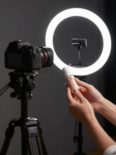 Environmental shot of a creator recording product content in their studio space, camera on tripod to the left, product held in hand under a ring light, dark background with precise controlled strobe, tight crop on hands and product