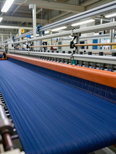 Wide angle shot of high-speed circular weaving looms inside a modern Egyptian manufacturing plant, blue and orange color accents, sharp industrial lighting.