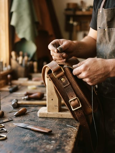 Close-up of hands working on a double-shoulder leather bag on a rustic workbench, warm low-contrast side-lighting, golden-hour window light, shallow depth of field, 35mm film.