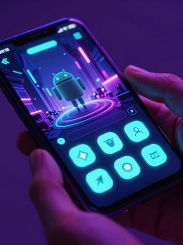 Tight macro shot of a modern Android phone held in hands, screen showing a vibrant neon-lit cyberpunk adventure game interface with glowing cyan controls.