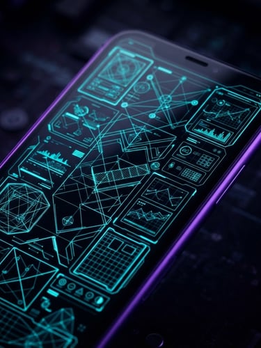 Sleek dark-mode smartphone mockup displaying a high-contrast neon cyan vector wireframe UI, sharp violet rim lighting on dark background, macro lens
