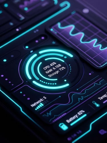 Sleek dark-mode Android smartphone interface showing a minimalist system dashboard, dramatic neon cyan rim lighting, high-contrast violet tones, tight macro shot, sora-ibm-plex style