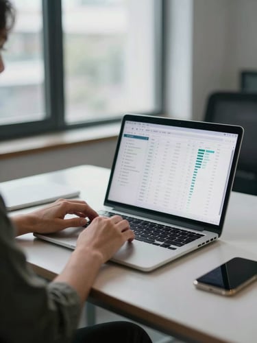 Wide shot of a small business owner reviewing campaign data on a laptop screen at a clean desk, cool office window light, dashboard metrics visible on screen, hands resting on keyboard, shallow depth of field, no lifestyle softness