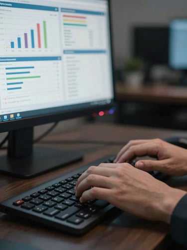 Close-up of hands typing on a keyboard, a campaign analytics dashboard visible on a monitor in the background showing graphs and metrics, cool office lighting, dark desk surface, sharp focus on hands with soft screen glow behind