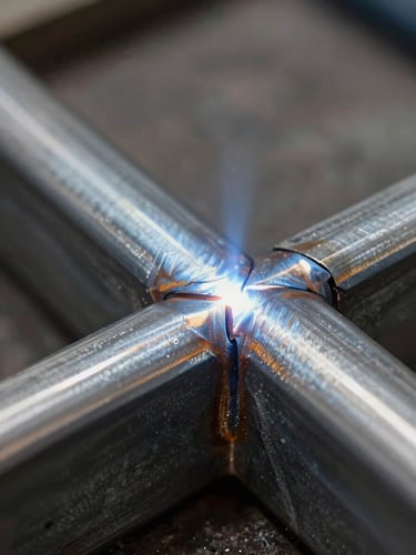 Macro close-up of a flawless TIG weld on raw hot-rolled steel, showing precise mitered joint and subtle blue-grey heat tinting, dramatic side-lighting