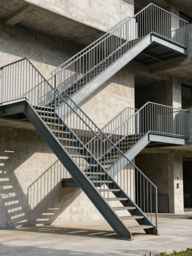 Dramatic side-lit architectural shot of a monumental floating steel staircase in a concrete residential space, crisp daylight casting sharp shadows.
