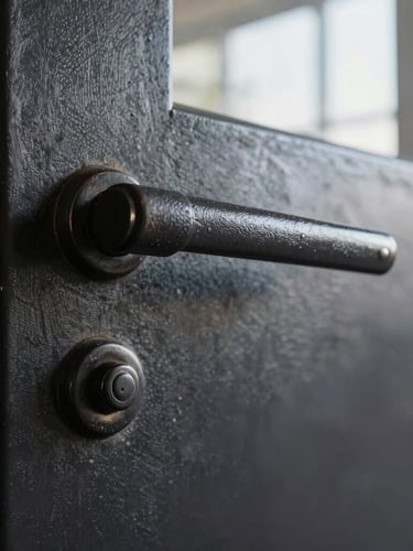 Extreme close-up of a monumental blackened steel door handle, showing raw hot-rolled scale texture and crisp mitered joints, dramatic side-lighting from a high window.